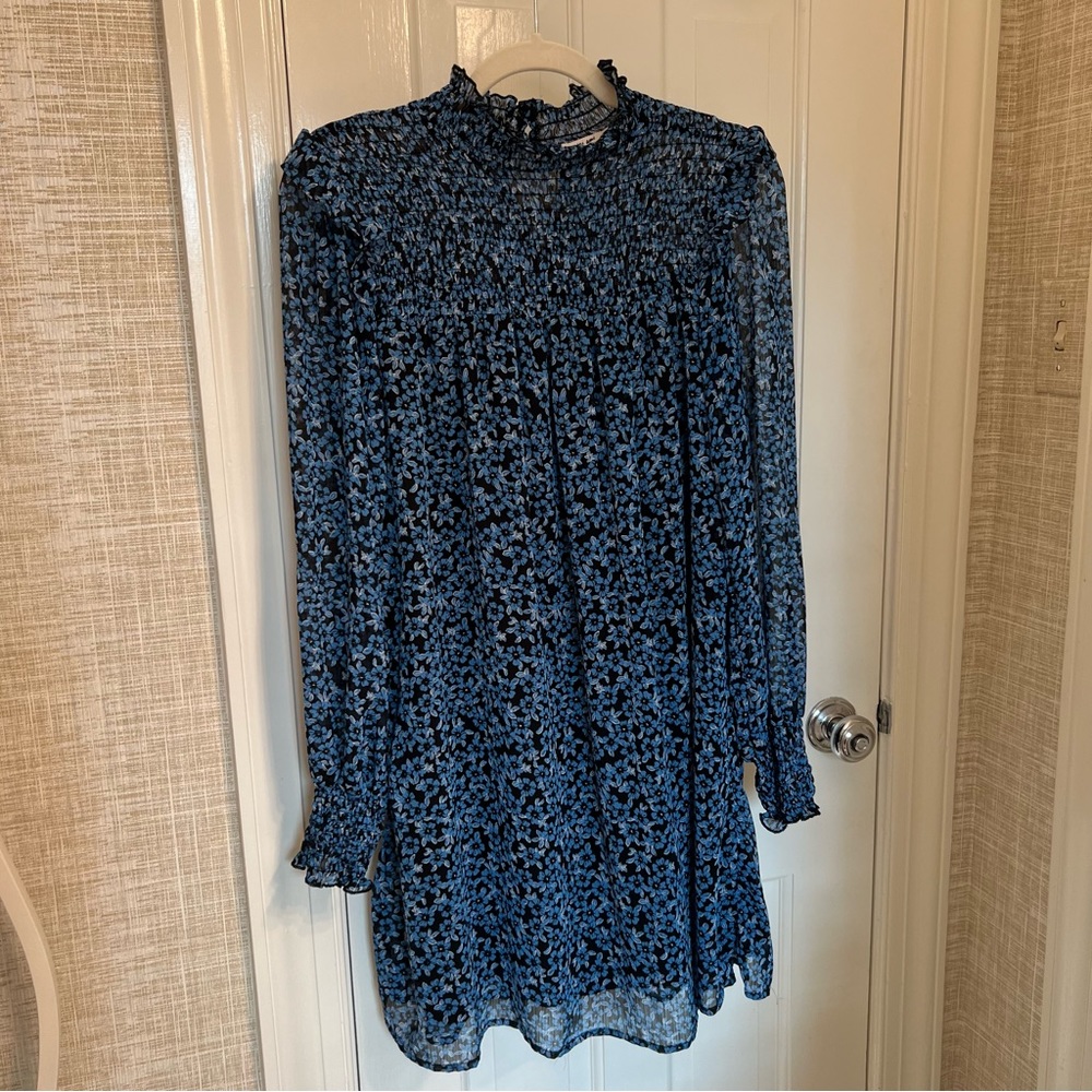 Floral Ruffle Smocked Mock-Neck Shift Dress Long Sleeve size Medium